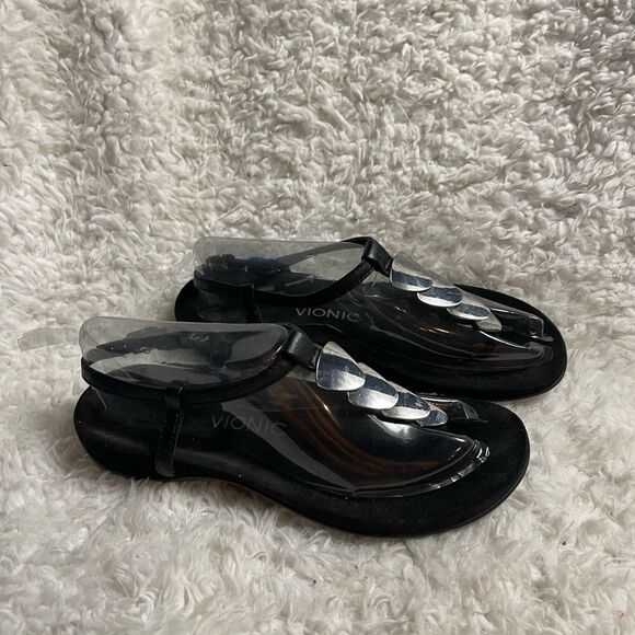 VIONIC Miami Leather Black Thong Sandals Silver tone accent Orthaheel SZ9 - Picture 5 of 10